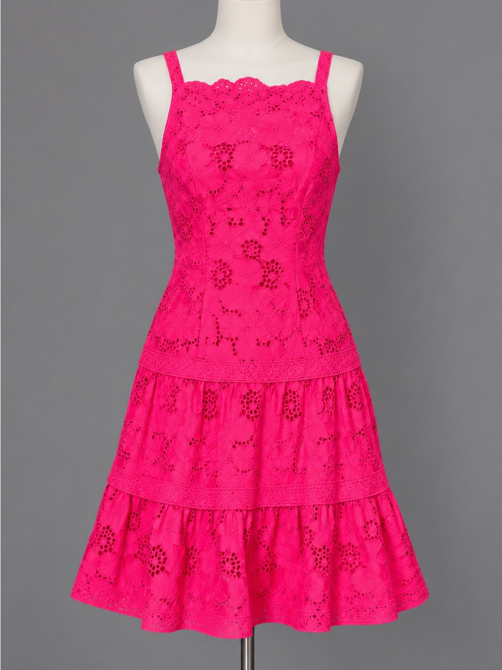 Nanette Lepore Fuschia Cotton Eyelet Tiered Fit & Flare Dress Womens 0 USA Made